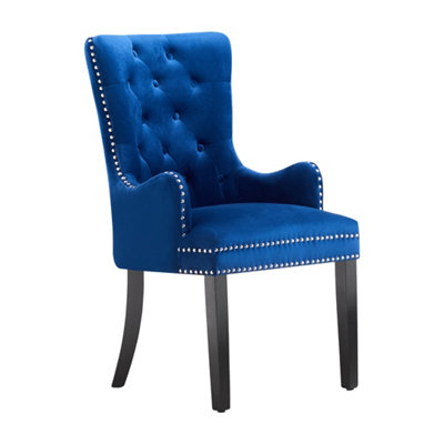 Single Blue Velvet Dining Chair with Armrest, Ergonomic Scoop Knockerback & Button Tufted Wood Legs