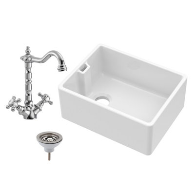 Single Bowl Fireclay Belfast Kitchen Sink, French Classic Tap & Waste, 595mm