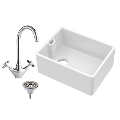 Single Bowl Fireclay Belfast Sink with Basket Strainer Waste & Mono Kitchen Sink Mixer Tap - Balterley