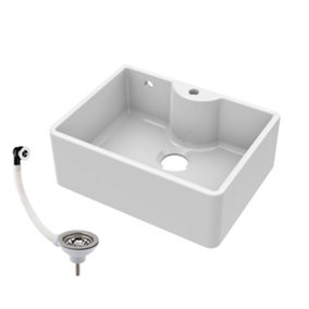 Single Bowl Fireclay Butler Sink - Tap Ledge, Hole & Overflow - 595mm x 450mm x 220mm & Basket Strainer Waste - Chrome - Balterley
