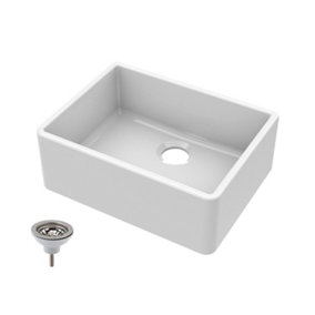 Single Bowl Fireclay Butler Sink with Central Waste - 595mm x 450mm x 220mm & Basket Strainer Waste - Chrome - Balterley