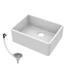 Single Bowl Fireclay Butler Sink with Overflow - 595mm x 450mm x 220mm & Basket Strainer Waste with Overflow- Chrome - Balterley