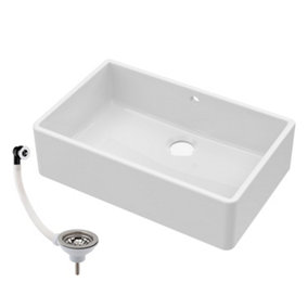 Single Bowl Fireclay Butler Sink with Overflow - 795mm x 500mm x 220mm & Basket Strainer Waste with Overflow- Chrome - Balterley