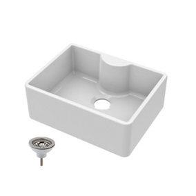 Single Bowl Fireclay Butler Sink with Tap Ledge - 595mm x 450mm x 220mm & Basket Strainer Waste - Chrome - Balterley