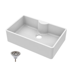 Single Bowl Fireclay Butler Sink with Tap Ledge - 795mm x 500mm x 220mm & Basket Strainer Waste - Chrome - Balterley