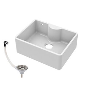 Single Bowl Fireclay Butler Sink with Tap Ledge & Overflow - 595mm x 450mm x 220mm & Basket Strainer Waste - Chrome - Balterley