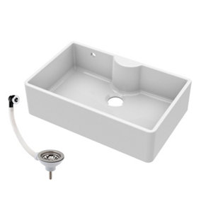 Single Bowl Fireclay Butler Sink with Tap Ledge & Overflow - 795mm x 500mm x 220mm & Basket Strainer Waste - Chrome - Balterley