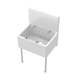 Single Bowl Fireclay Ceramic Cleaner Sink with Grill & Legs, 515mm x 535mm x 393mm - White/Chrome