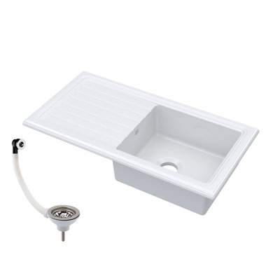 Single Bowl Fireclay Ceramic Inset Kitchen Sink & Drainer with Compatible Waste - 1010mm