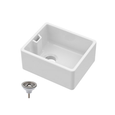 Single Bowl Fireclay Compact Belfast Kitchen Sink & Basket Strainer Waste, 460mm