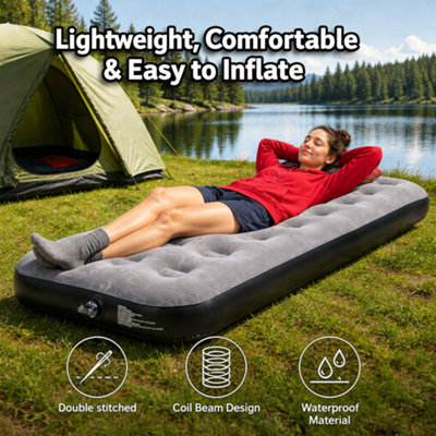 Single Camping Air Bed Flocked Inflatable Mattress Grey