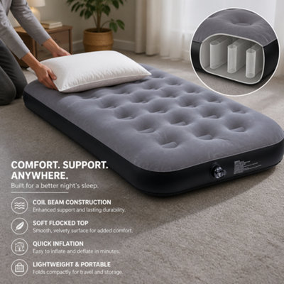 Single Camping Air Bed Flocked Inflatable Mattress Grey