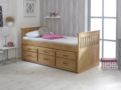 Single Captain Storage Wooden Bed, 3FT, with 3 storage drawers and a Pull Out Under Bed - Waxed