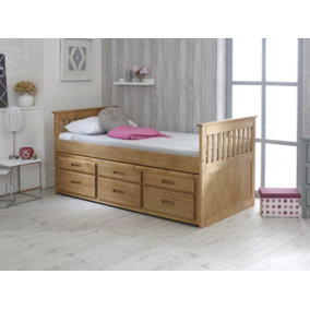 Single Captain Storage Wooden Bed, 3FT, with 3 storage drawers and a Pull Out Under Bed - Waxed