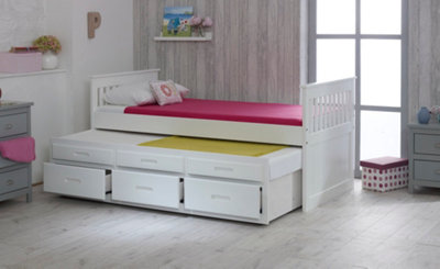 Single Captain Storage Wooden Bed, 3FT, with 3 storage drawers and a Pull Out Under Bed - White
