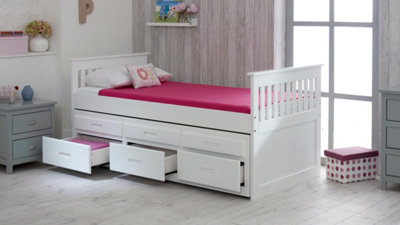 Single Captain Storage Wooden Bed, 3FT, with 3 storage drawers and a Pull Out Under Bed - White