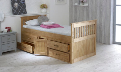 Single Captain Storage Wooden Bed, 3FT, with 4 Storage Drawers and a Middle Cupboard - Waxed