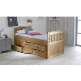 Single Captain Storage Wooden Bed, 3FT, with 4 Storage Drawers and a Middle Cupboard - Waxed