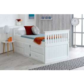 Single Captain Storage Wooden Bed, 3FT, with 4 Storage Drawers and a Middle Cupboard - White