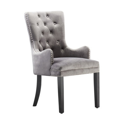 Single Dark Grey Velvet Dining Chair with Armrest, Ergonomic Scoop Knockerback & Button Tufted Wood Legs