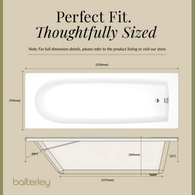Single Ended Straight Shower Bath with Leg Set - 1700mm x 750mm - 3