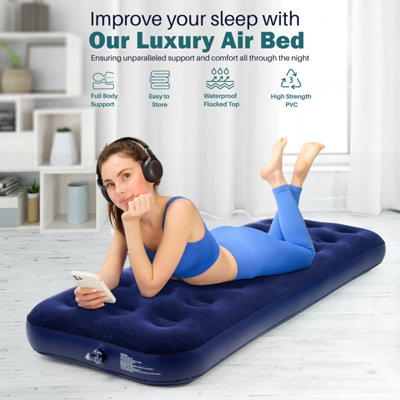 Double/Single Flocked Camping Airbed - Inflatable Mattress With Adjustable Firmness (Blue, 2024)