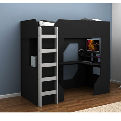 Single Gaming High Sleeper with Desk, Drawers and Shelves