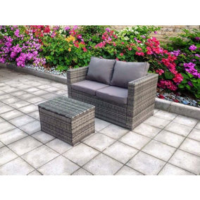 SINGLE GREY SOFA TWIN TABLE WITH COFFEE TABLE RATTAN WICKER CONSERVATORY OUTDOOR GARDEN FURNITURE SET GREY