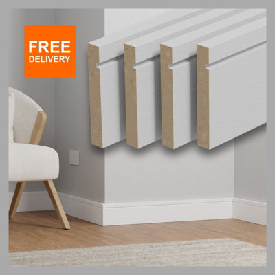 Single Grooved MDF Primed Skirting Board 120mm x 18mm x 4.4m Lengths.  (Pack of 4 lengths)