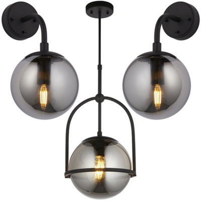 Single Hanging Ceiling Pendat & 2x Matching Wall Lights - Matt Black Frame Grey Tinted Glass Shade Set