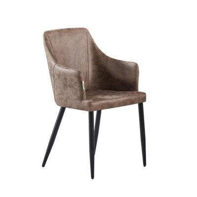 Single Light Brown Zarah Modern Faux Leather Dining Chair with Armrests and Black Metal Legs, Comfortable Accent Chair