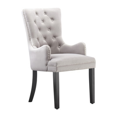 Single Light Grey Velvet Dining Chair with Armrest, Ergonomic Scoop Knockerback & Button Tufted Wood Legs