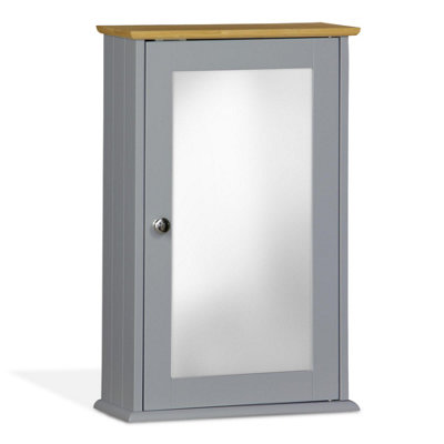 Single Mirror Bathroom Cabinet - Grey with Bamboo Top | DIY at B&Q