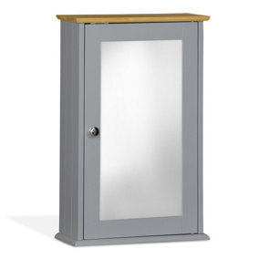 Single Mirror Bathroom Cabinet - Grey with Bamboo Top