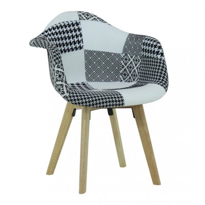 Single Patchwork Tub Fabric Dining Chair Upholstered Dining Armchair, Black/White