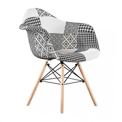 Single Patchwork Tub Fabric Dining Chair Upholstered Dining Armchair, Black/White