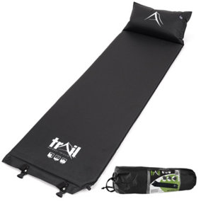 Single Pillow Camping Mat Self Inflating Inflatable Roll Mattress With Bag Black Trail
