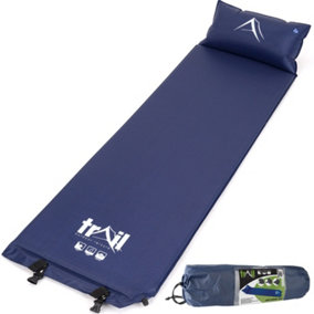 Single Pillow Camping Mat Self Inflating Inflatable Roll Mattress With Bag Blue Trail