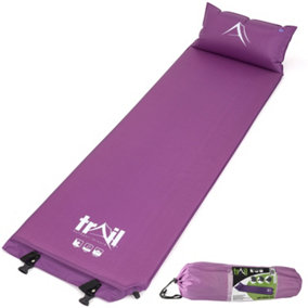 Single Pillow Camping Mat Self Inflating Inflatable Roll Mattress With Bag Purple Trail