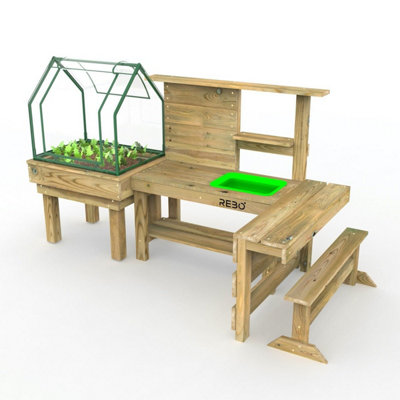Single Rebo mud kitchen kids potting table with greenhouse