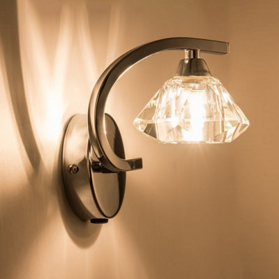 Single Right Curved Wall Light and Sconce, Clear Glass Shade, Polished Chrome Finish