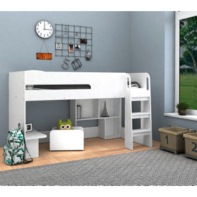 Single, Storage Mid Sleeper with desk, cube unit and toybox.