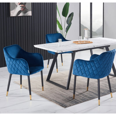 Single Verona Velvet Dining Chairs Upholstered Dining Room Chair, Blue/Gold