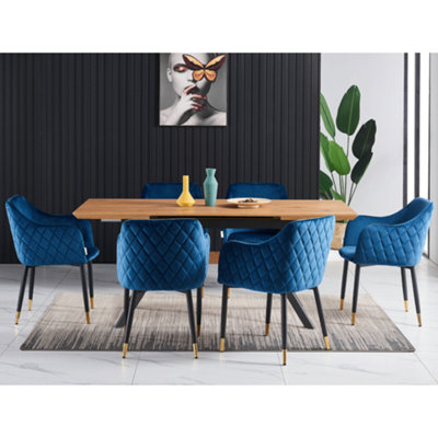 Single Verona Velvet Dining Chairs Upholstered Dining Room Chair, Blue/Gold