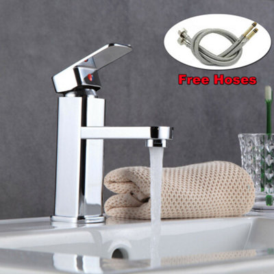 Sink Tap Modern Basin Mixer Tap Chrome Single Lever Solid Brass Hot and Cold Mixer Faucet with Standard Hoses