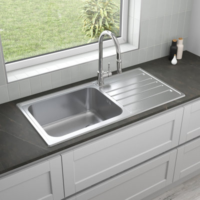 Sinkoro 1 Bowl Kitchen Sink Large Deep Inset Reversible Drainer Waste Stainless Steel