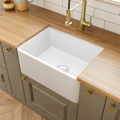 Sinkoro Belfast Kitchen Sink White Ceramic Deep Large Single Bowl Basket Strainer Waste