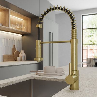 Sinkoro Brushed Brass Pull Out Kitchen Mixer Tap Single Lever Mono Swivel Spout Modern