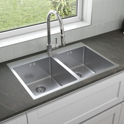 Sinkoro Double 2 Bowl Kitchen Sink Rectangular Stainless Steel Deep Inset Strainer Waste