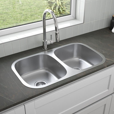 Sinkoro Inset Kitchen Sink 2 Double Bowl Stainless Steel Strainer Overflow & Waste 785mm